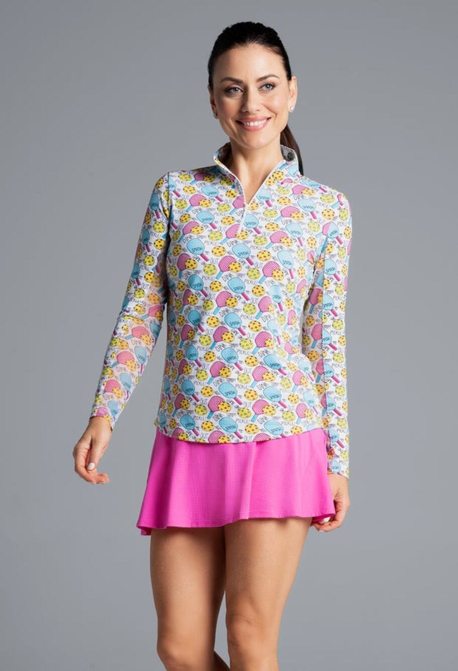 IBKUL NWT Game On Pickleball Print Long Sleeve 1/4 Zip Top Womens Size XS